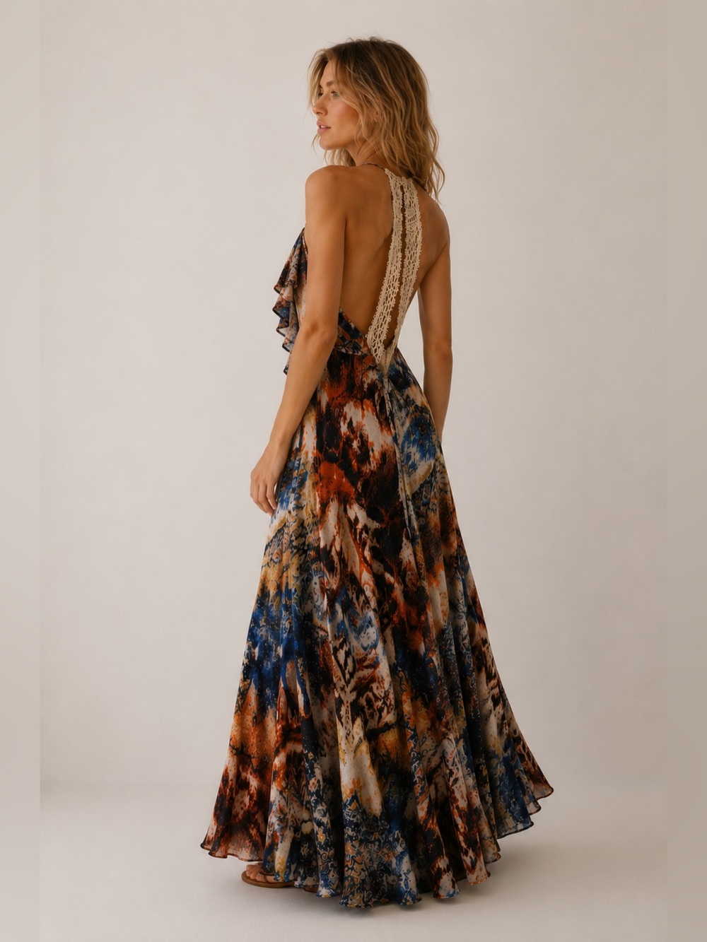 Boho Tribal Print Ruffle Maxi Sun Dress Open Lace Back Size Small Cottagecore